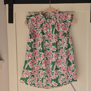 Staccato Green Blouse with Pink Floral Ruffles